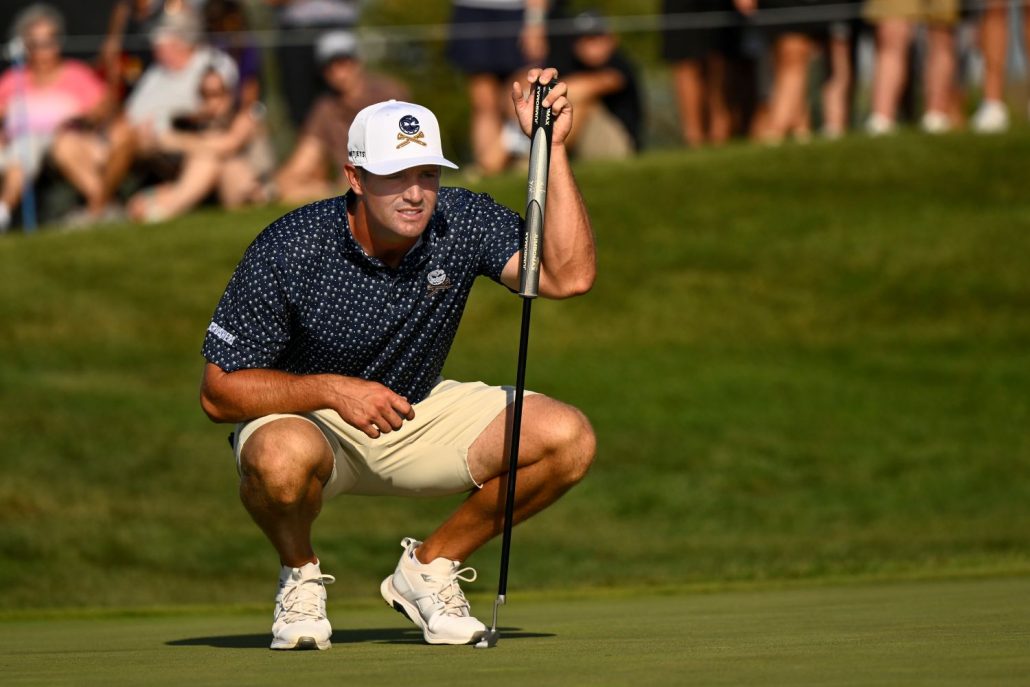 Bryson DeChambeau of the Crushers GC lines up his putt on the first hole during day one of LIV Golf: Chicago at Bolingbrook Golf Club on September 13, 2024 in Bolingbrook, Illinois. (Photo by Quinn Harris/Getty Images)