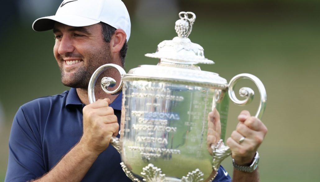 Scottie Scheffler trophy 18 May 2025 Maddie Meyer PGA of America PGA of America via Getty Images
